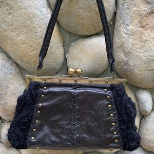 Trina Turk Solid Black Leather & Sweater Handbag w/ Bronze Kiss Closure